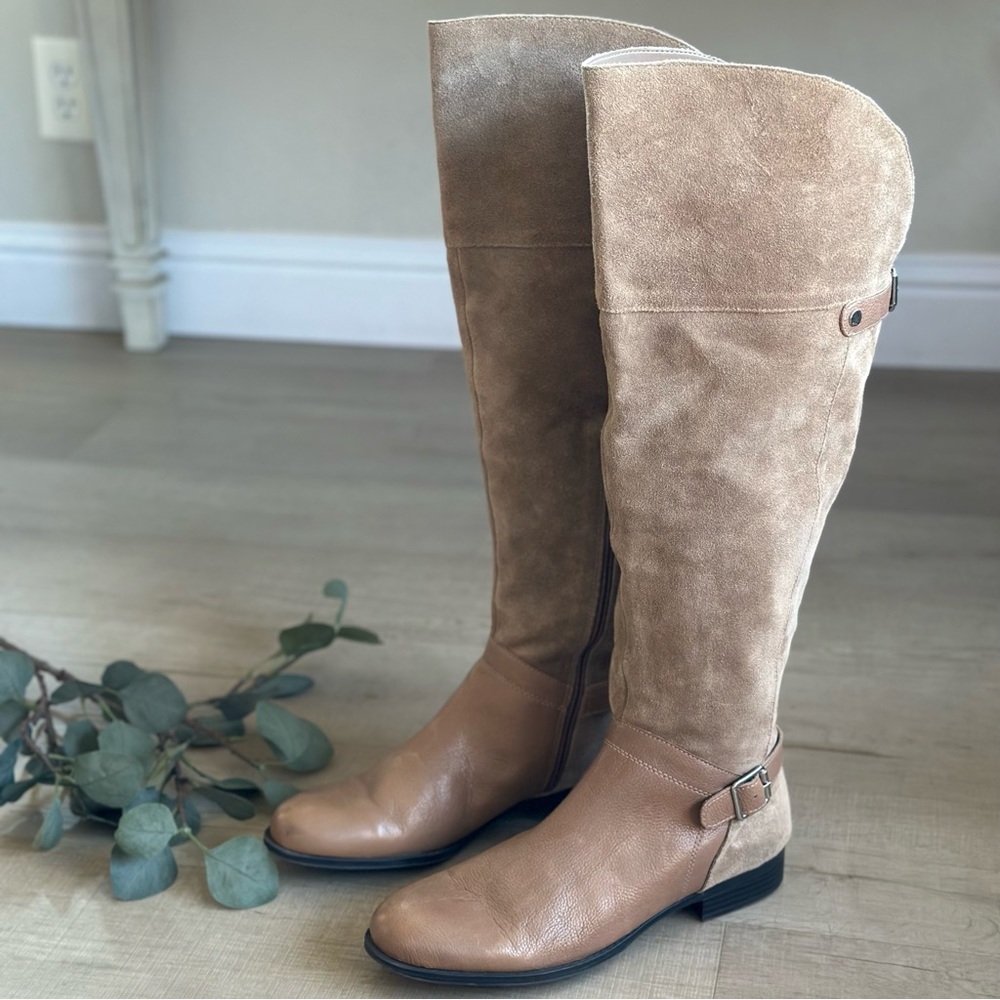 NATURALIZER 11 January Wide Calf Leather Suede Tall Riding Boots Oatmeal Beige